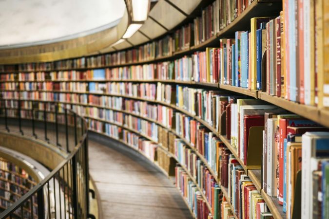 River Road Estates A long row of books neatly arranged on a shelf in a library, showcasing a variety of titles and colors.