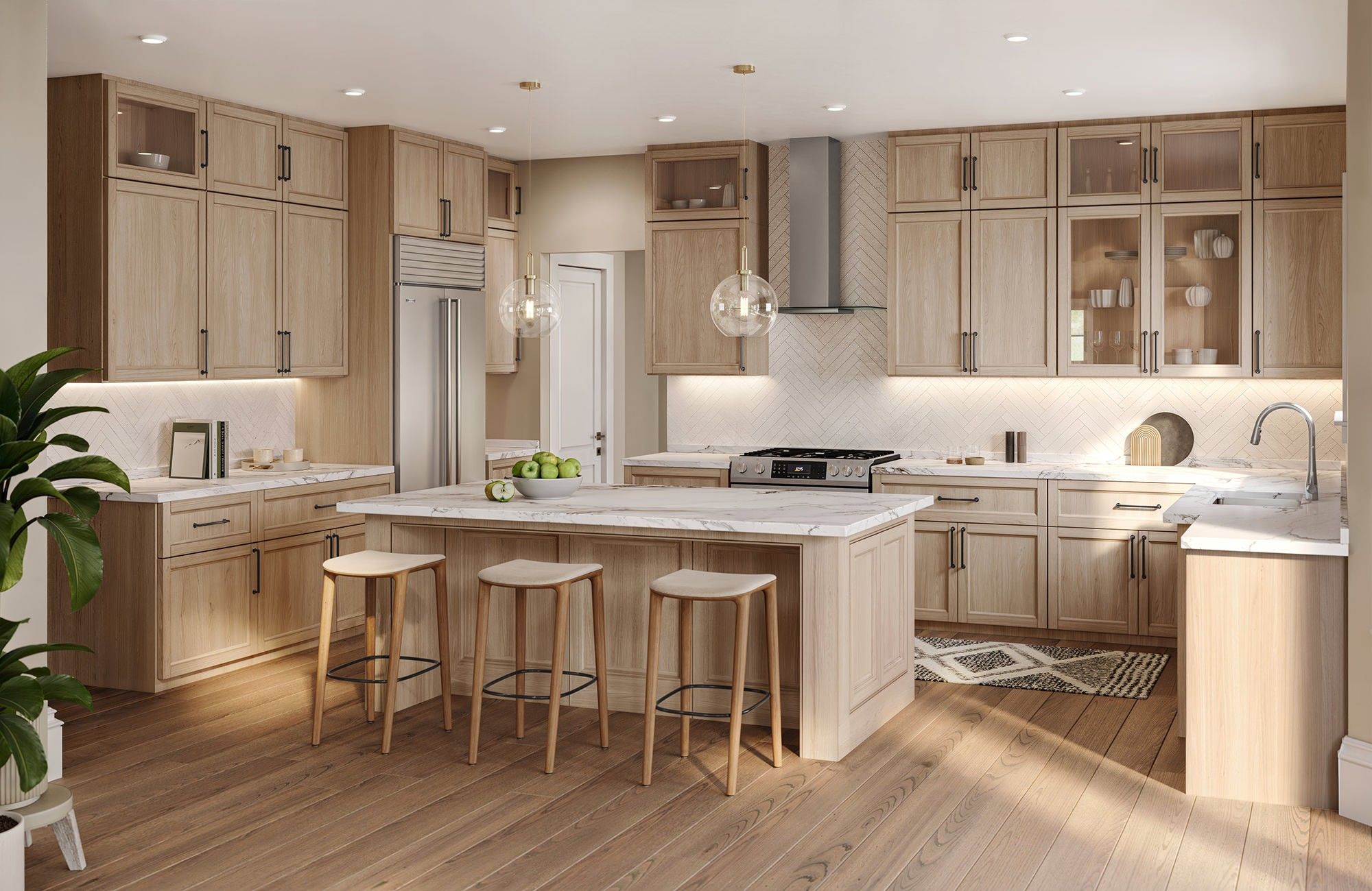 River Road Estates chef's kitchen with custom cabinets, herringbone backsplash, quartz countertops, large island, and high end appliances