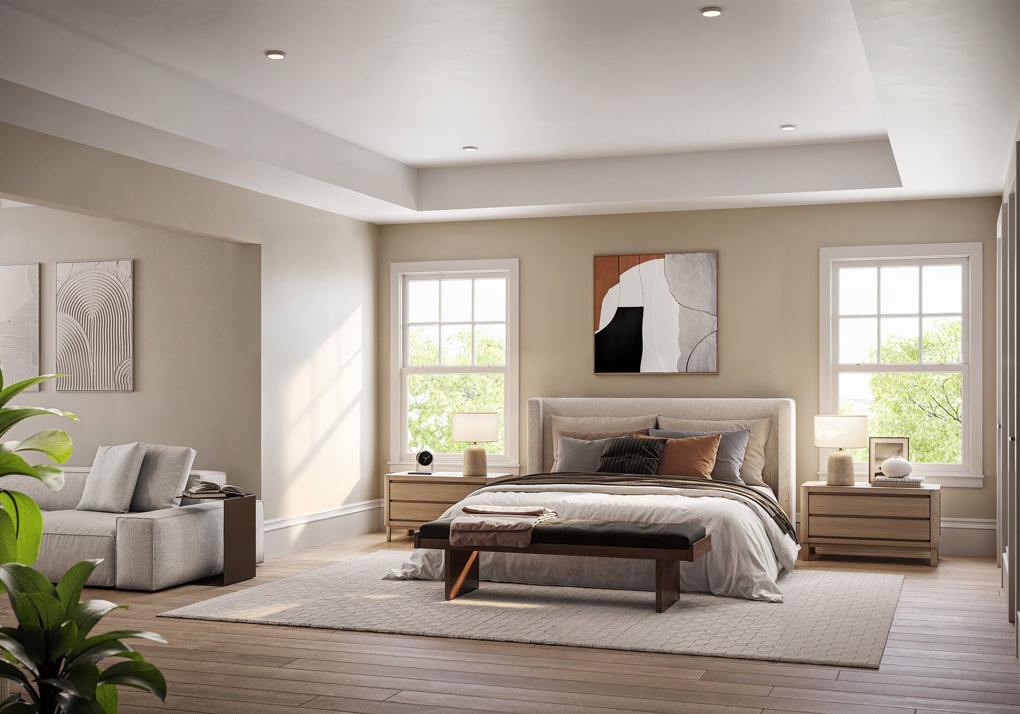 River Road Estates spacious sunny bedroom with tray ceiling, recessed lighting, hardwood floors and modern furnishings