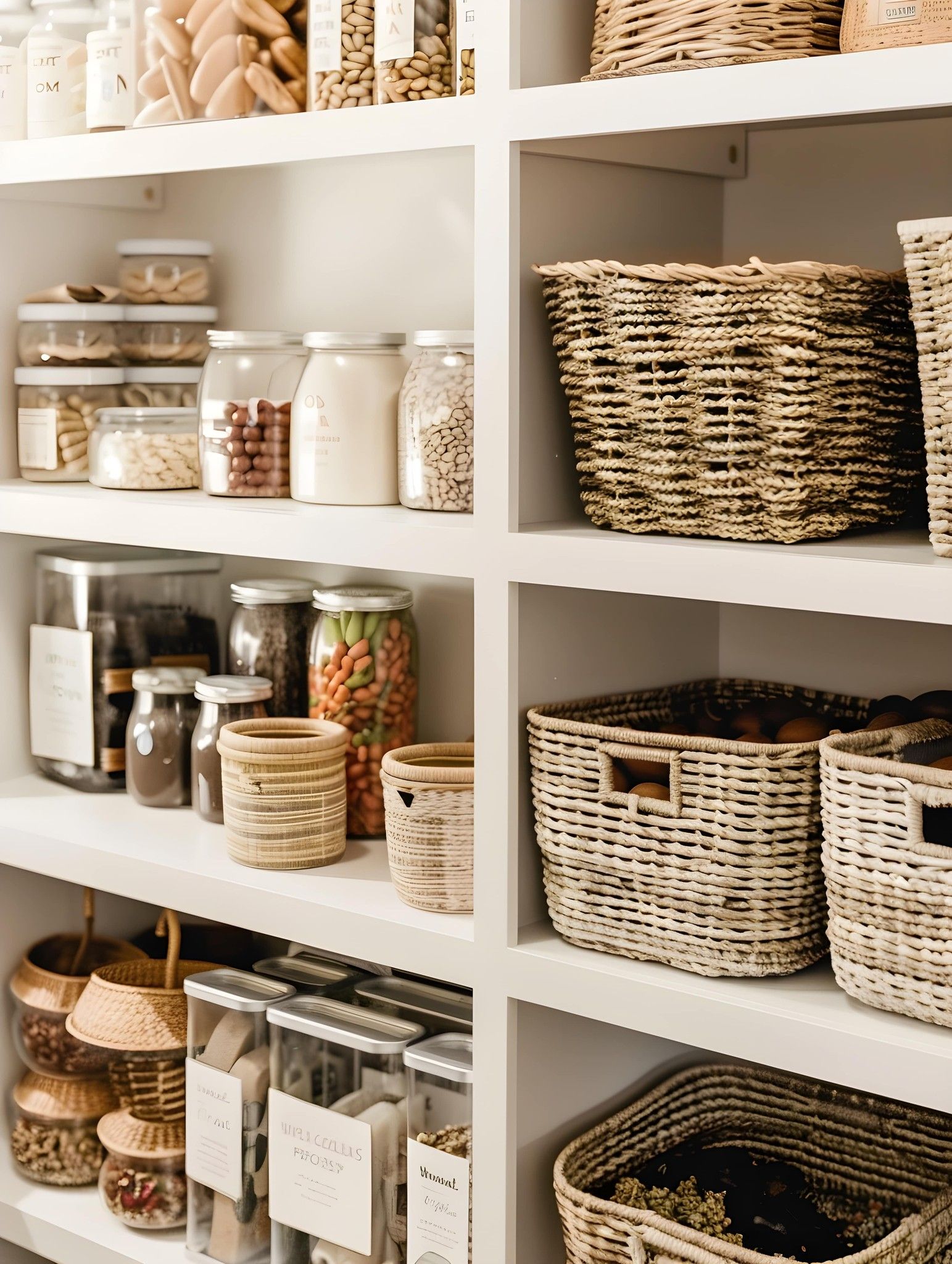 River Road Estates organized bright pantry with pretty baskets, jars, and containers with labels
